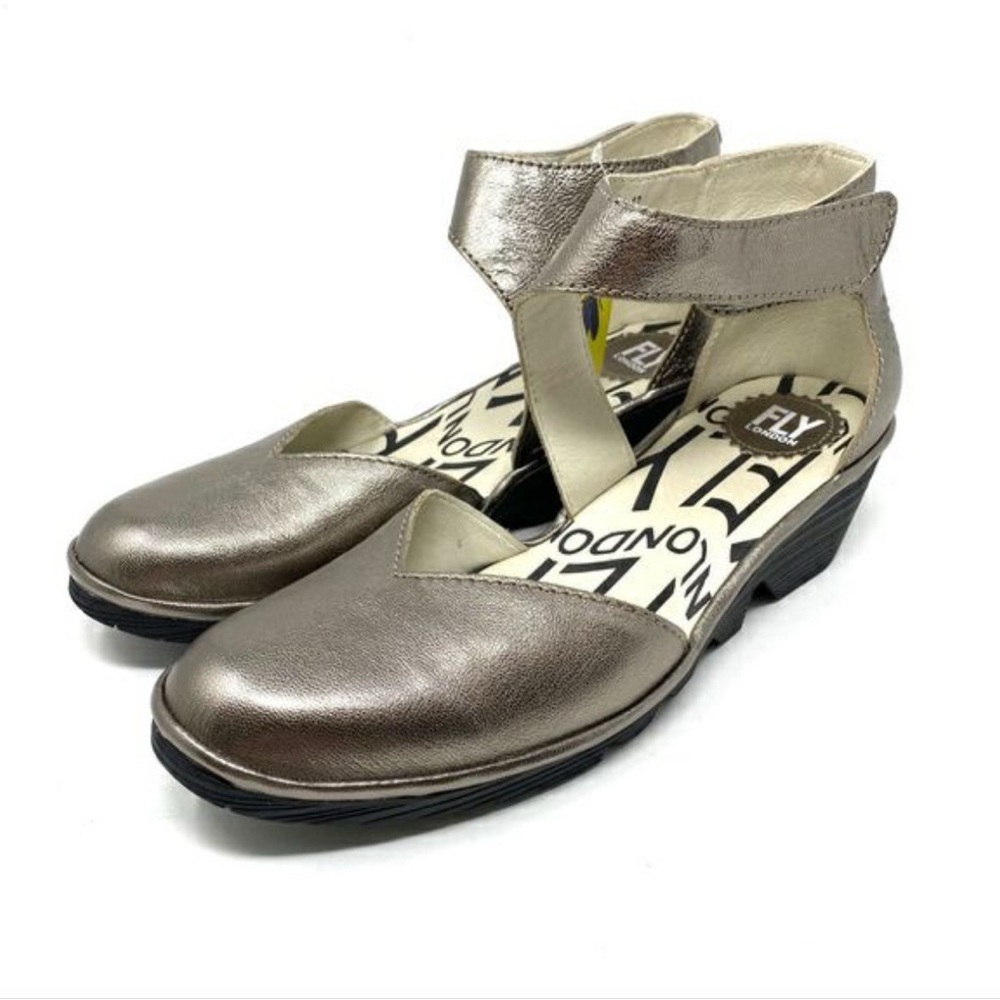 Fly London Pats Maryjane Wedge Heel Shoes Silver New size 40/9-9.5